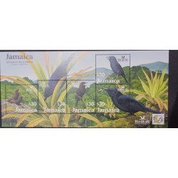 O) 2003 JAMAICA, BIRD LIFE INTERNATIONAL, JAMAICAN BLACKBIRD, BEAK OPEN, CHICKS IN NEST, IN PALM FRONDS,