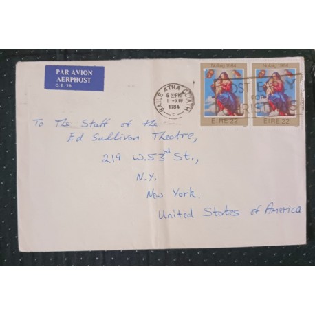J) 1984 IRELAND, ANGELS, PAINTING, HORIZONTAL PAIR, AIRMAIL, CIRCULATED COVER, FROM IRELAND TO USA
