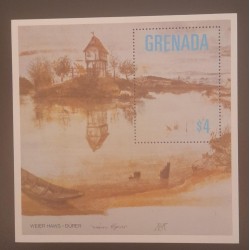 SO) 1980 GRENADA, ARCHITECTURE, WORK OF ART HOUSE BY A POND, SOUVENIR SHEET MNH