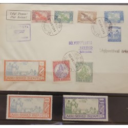 A) 1925, HUNGARY, FIRST FLIGHT LABELS, FROM BUDAPEST, MULTIPLE STAMPS, PLUS 2 LABELS, WITH CANCELLATION