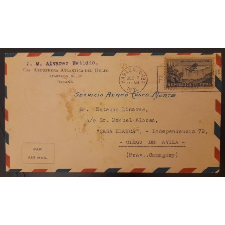 SO) 1935 CARIBBEAN, PLANE FLYING OVER PALMAS, 10C, CIRCULATED AIR MAIL