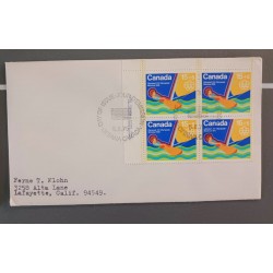 J) 1975 CANADA, OLYMPIC GAMES, BLOCK OF 4, AIRMAIL, CIRCULATED COVER, FROM CANADA TO CALIFORNIA