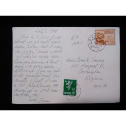 J) 1948 NORGE, MULTIPLE STAMPS, POSTCARD, AIRMAIL, CIRCULATED COVER, FROM NORGE TO USA