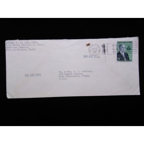 J) 1960 HAITI REPUBLIC, WITH SLOGAN CANCELLATION, AIRMAIL, CIRCULATED COVER, FROM HAUTU TO USA