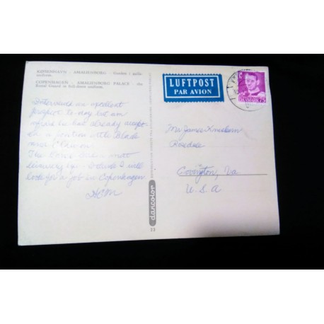 J) 1958 DENMARK, KING, POSTCARD, AIRMAIL, CIRCULATED COVER, FROM DENMARK TO USA