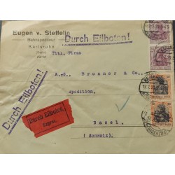 J) 1926 GERMANY, RAILWAY FORWARDER BY EXPRESS BOTON, MULTIPLE STAMPS, AIRMAIL, CIRCULATED COVER, FROM GERMANY TO BASEL