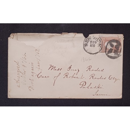 J) 1866 UNITED STATES, MUTE CANCELLATION, CIRCULATED COVER, FROM NEW YORK TO PARIS