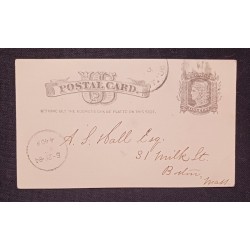 J) 1884 UNITED STATES, POSTCARD, POSTAL STATIONARY, CIRCULATED COVER, FROM USA TO MASSACHUSSETTS, XF