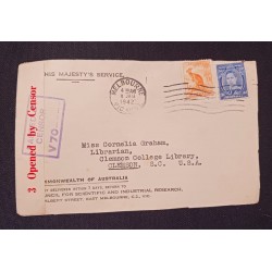 J) 1942 AUSTRALIA, KANGAROO, OPEN BY EXAMINER, MULTIPLE STAMPS, AIRMAIL, CIRCULATED COVER, FROM AUSTRALIA TO USA