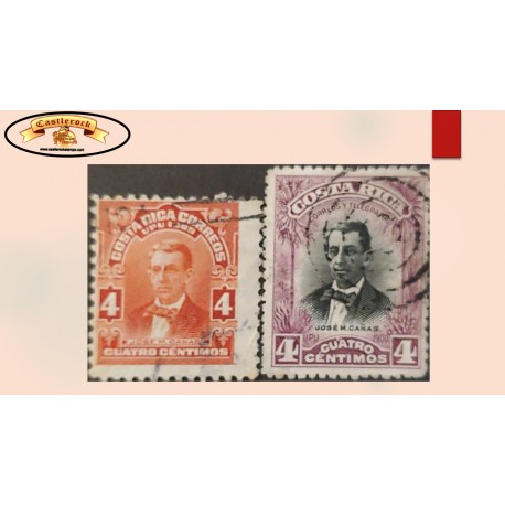 O) COSTA RICA, 1903 JOSE M. CAÑAS, SCT 55 4c red violet, 1910 JOSE M CAÑAS SCT 71 4c SCARLET, USED XF
