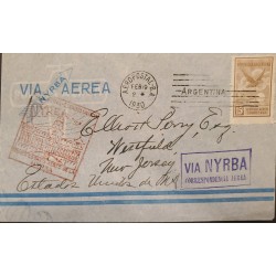 A) 1930, ARGENTINA, NYRBA AIRWAY, FROM BUENOS AIRES TO NEW JERSEY, CANCELLATION IN RED AND BLUE, AVE STAMP, XF
