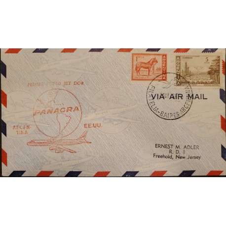 A) 1959, ARGENTINA, FIRST JET FLIGHT, PANAGRA, FROM BUENOS AIRES TO NEW JERSEY HORSE AND LAND OF FUEGO STAMPS, XF