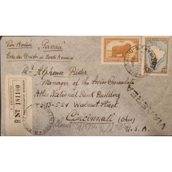 A) 1938. ARGENTINA, BY PANAIR PLANE, FROM ROSARIO TO CINCINNATI - UNITED STATES, WOOL STAMPS AND MAP, REGISTERED, XF