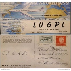 A) 1959, ARGENTINA, POSTCARD, AIRWAY, PAN AMERICAN, FROM SAN JUAN TO MONTEVIDEO, STAMPS OF YACARE AND GRAL JOSE