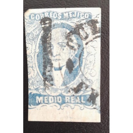 A) 1856, MEXICO HIDALGO, HALF REAL, BLUE, MEXICO POST OFFICE, WITH CUERNAVACA OVERDRIVE, IMPERFORATED