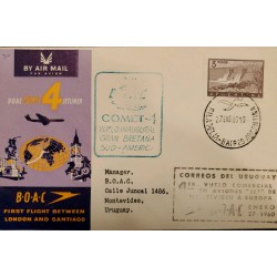D) 1960, ARGENTINA, POSTCARD, CIRCULATED FROM ARGENTINA TO MONTEVIDEO URUGUAY, AIR MAIL, FIRST FLIGHT BETWEEN LO
