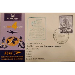 D) 1960, ARGENTINA, POSTCARD, CIRCULATED FROM ARGENTINA TO SENEGAL, FRENCH WEST AFRICA, AIR MAIL, FIRST FLIGHT BETWEEN LON
