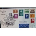 D)1953, HOLLAND, ROTTERDAM CIRCULATED POSTCARD TO URUGUAY, AIR MAIL, GREETINGS FROM ROTTERDAM, NEW VALUES AND COL