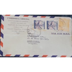 D)1947, BOLIVIA, COVER CIRCULATED FROM BOLIVIA TO URUGUAY, AIR MAIL, OVERLOADED STAMPS FROM 1938 - 1939, "1947 - HABILITAD