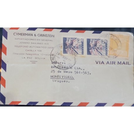 D)1947, BOLIVIA, COVER CIRCULATED FROM BOLIVIA TO URUGUAY, AIR MAIL, OVERLOADED STAMPS FROM 1938 - 1939, "1947 - HABILITAD