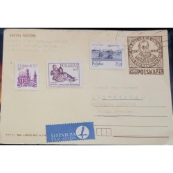 D)1982, KRAKOW, POSTCARD, CIRCULATED FROM POLAND TO MONTEVIDEO, URUGUAY, AIR MAIL XF SKYLINES OF POLISH TOWNS, QUIE