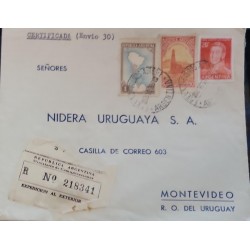 D)1954, URUGUAY, CIRCULATED COVER FROM ARGENTINA TO URUGUAY, FOREIGN EXPEDITION, NATIONAL WEALTH, MAP OF ARGEN