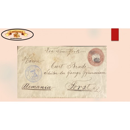 O) 1894 COSTA RICA,  COAT OF ARMS  10 centavos, VIA NEW YORK,  POSTAL STATIONERY CIRCULATED TO  GERMANY