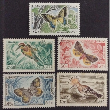 BD)1965, LEBANON, INSECTS, MOTHS AND BUTTERFLIES, BIRDS, MNH