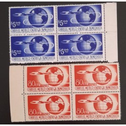 SD)1975, MEXICO, PRIORITY MAIL, IMMEDIATE DELIVERY PLANE MAP TWO BLOCKS OF 4 WITH SHEET EDGE