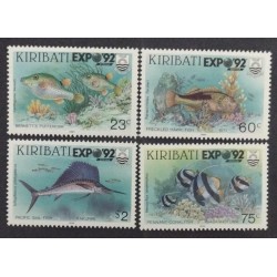 SD)1990, KIRIBATI, FISH, BENNETT'S SMOKER, FRECKLED HAWFISH, PACIFIC SAILFISH, CORAL FISH, MNH