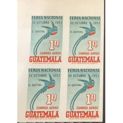 O) 1953 GUATEMALA, IMPERFORATED BLOCK, WRIGHT BANK NOTE CO. NATIONAL FAIR, QUETZAL 1qSCT C196, NATIONAL EMBLEM BIRD, MNH