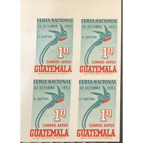 O) 1953 GUATEMALA, IMPERFORATED BLOCK,  NATIONAL FAIR, QUETZAL 1qSCT C196, NATIONAL EMBLEM BIRD, MNH