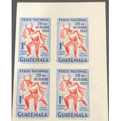 O) 1953 GUATEMALA, IMPERFORATED.  WRIGHT BANK NOTE, REGIONAL DANCE, SCT C188 1c, NATIONAL FAIR, BLOCK MNH