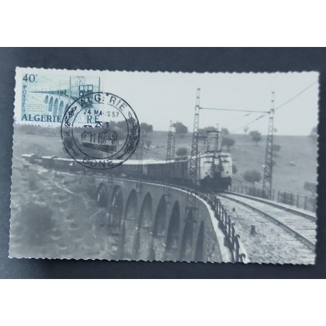 O) 1957 ALGERIA, ELECTRIC TRAIN CROSSING BRIDGE, FORERUNNER MAXIMUM CARD, XF
