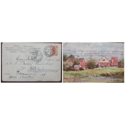 O) RUSSIA, KIEV CANCELLATION, COAT OF ARMS 3k rose, VILLAGE. LANDSCAPE, PAINTNG - ART. POSTAL CARD CIRCULATED