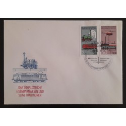 SD)1985, GERMAN DEMOCRATIC REPUBLIC, COVER, 150TH ANNIVERSARY OF GERMAN TRAINS, SAXONIA, LAYING CABLES FROM HELICOPTER