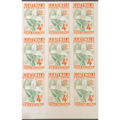 O) 1953 GUATEMALA, SCT C189 4c, BLOCK IMPERFORATED, WHITE NUN, NATIONAL FLOWER NATIONAL,  WRIGHT BANK NOTE, NATIONAL FAIR, MNH