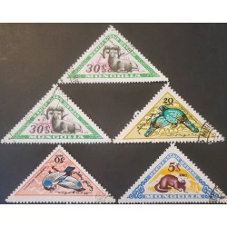 P) 1926 MONGOLIA, BIRD AND WILD MAMMAL TRIANGLE STAMPS SET OF 5 USED