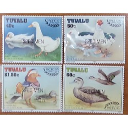 O) 1997 TUVALU, SPECIMEN, BIRDS - DUCKS AND DRAKES, PEKIN, MUSCOVY, PACIFIC BLACK, MANDARIN, SCT 742 -745, MNH