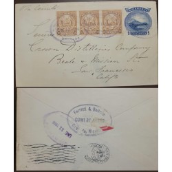 E) 1906 NICARAGUA, COAT OF ARMS 10c STRIP OF 3, 5c POSTAL STATIONARY, CIRCULATED FROM GRANADA TO SAN FRANCISCO VIA CORINTO, VF