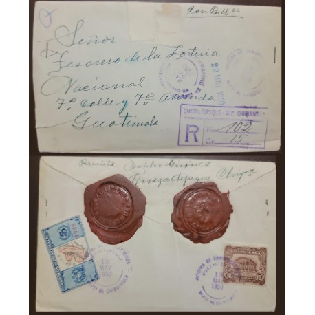 E) 1950 GUATEMALA, 5 CENTS - MIVERVA PALACE 10c, WAX CANCELLATION, CERTIFICATED CIRCULATED COVER FROM QUEZALTEPEQUE CHIQUIMULA T