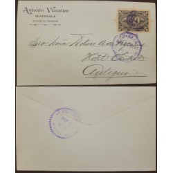 E) 1897 GUATEMALA, UPU, CENTRAL AMERICAN EXHIBITION 6c, CIRCULATED COMERCIAL COVER FROM GUATEMALA TO ANTIGUA, VF