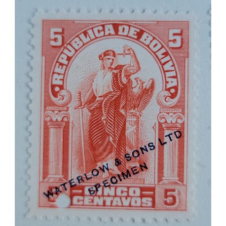 O) 1920 BOLIVIA, JUSTICE 5 centavos, WATERLOW AND SONS LTD - SPECIMEN, MNH