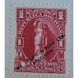 O) BOLIVIA, PUNCH, JUSTICE, 1 centavo red  - TRANSACCIONES, WATERLOW AND SONS LTD SPECIMEN, OVERPRINTED,