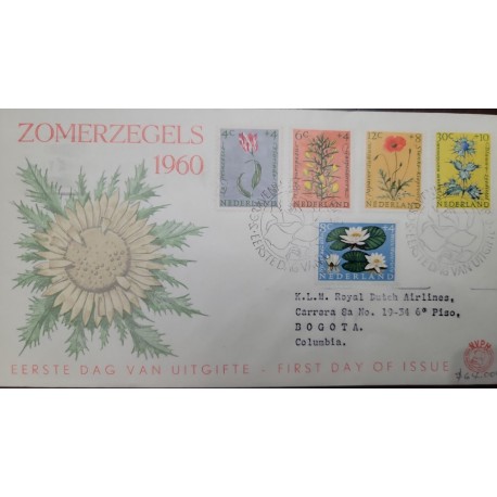 SD)1960 NETHERLANDS, FIRST DAY OF ISSUE SUMMER STAMPS- "PRINCESS TULIP- THORNY BUMBER-POPPY-SEA THISTLE- WATER LILYS, FDC