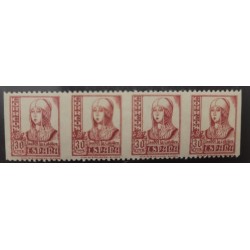 O) 1936 SPAIN, ERROR, IMPERFORATED, ISABELLA I 30 c rose, EDIFIL 823 sv, STRIP BY 4 STAMPS, MNH