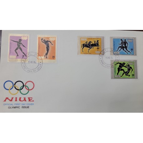 EL)1984 NIUE, OLYMPIC GAMES, LOS ANGELES, UNITED STATES, JAVALINA, DISCUS, RACE, EQUITATION, WRESTLING, FDC
