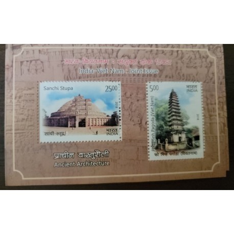 O) 2018 INDIA, JOINT ISSUE WITH VIETNAM - HERITAGE - ANCIENT ARCHITECTURE, SANCHI STUPA, PHO MINH PAGODA, MNH