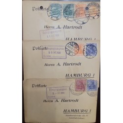 EL)1920 GERMANY, 3 COVERS FROM THE GERMAN EMPIRE WITH 8 STAMPS, REGISTERED, CIRCULATED TO THE SAME RECIPIENT, HAMBURG, F