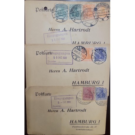 EL)1920 GERMANY, 3 COVERS FROM THE GERMAN EMPIRE WITH 8 STAMPS, REGISTERED, CIRCULATED TO THE SAME RECIPIENT, HAMBURG, F